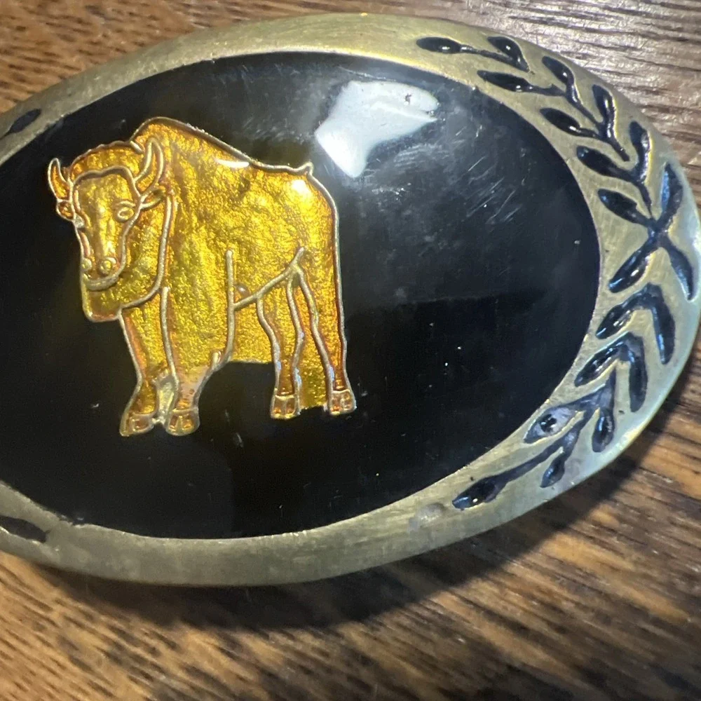 Vintage Bison Belt Buckle Black Border Inlay Enameled Solid Brass Base Oval